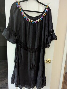 SHEIN Black Swim Cover-up with Multicolor Pom-Pom Trim